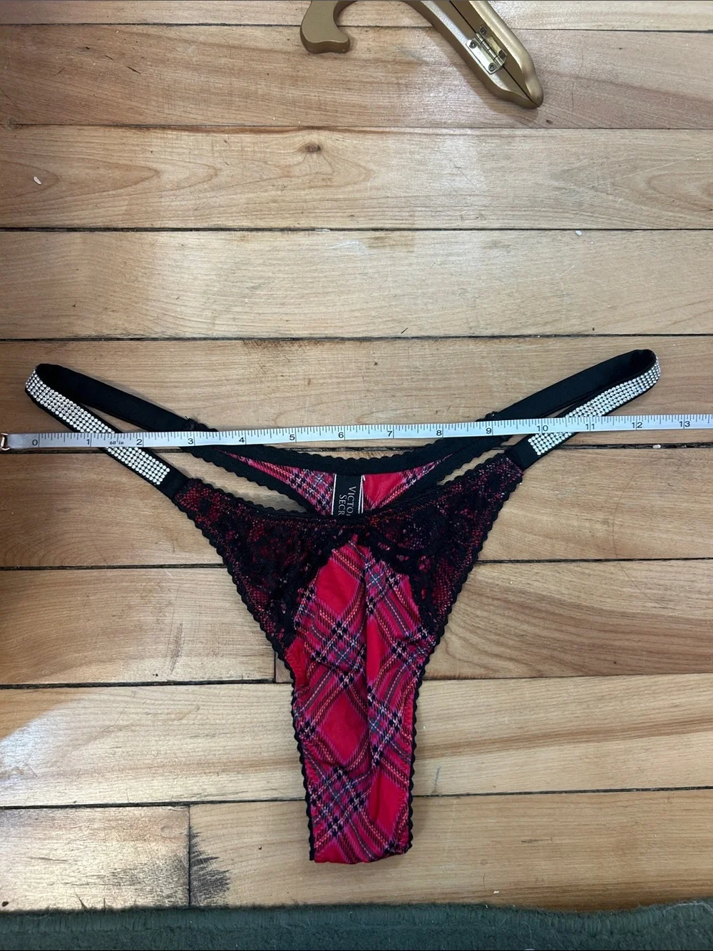 Victoria's Secret Red Plaid Lace Longline Bustier & Thong Set sz s 34B